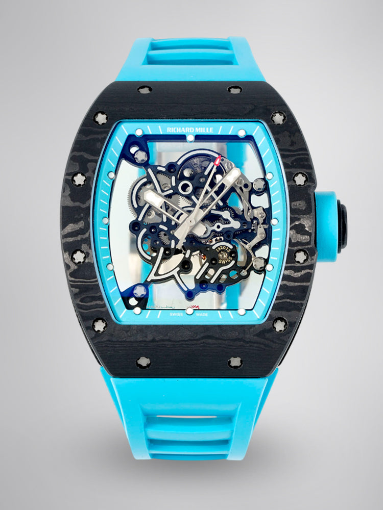 Best Replica RICHARD MILLE RM 055 – Swiss Movement Super Clone with Carbon Case & Blue Rubber Strap